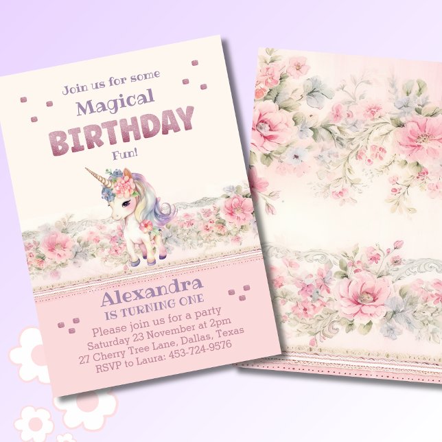  Pink Flowers Girl Unicorn 1st Birthday Party Invitation (Creator Uploaded)