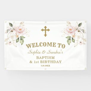 Pink Flowers Girls Twins 1st Birthday Welcome Sign