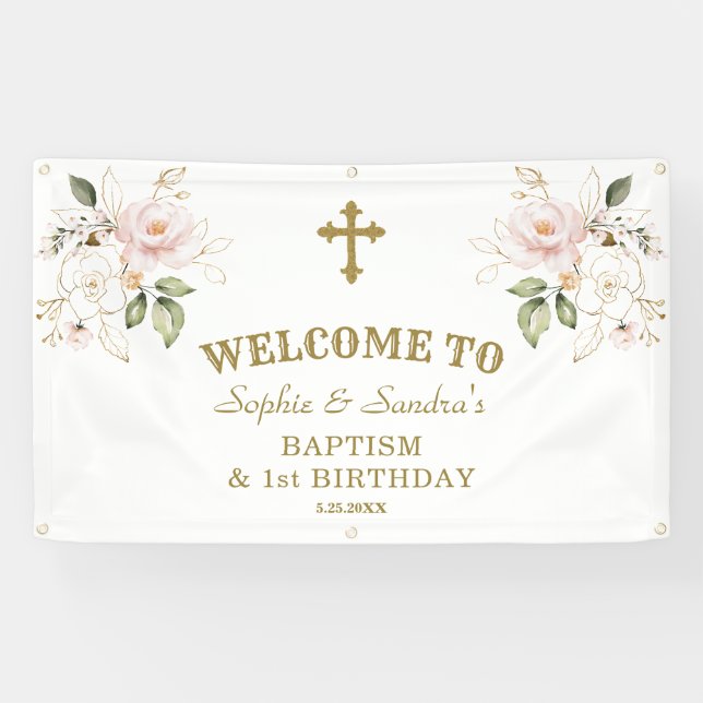Pink Flowers Girls Twins 1st Birthday Welcome Sign (Horizontal)
