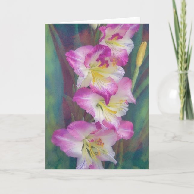 Pink Flowers Gladiolus Art Note Card (Front)