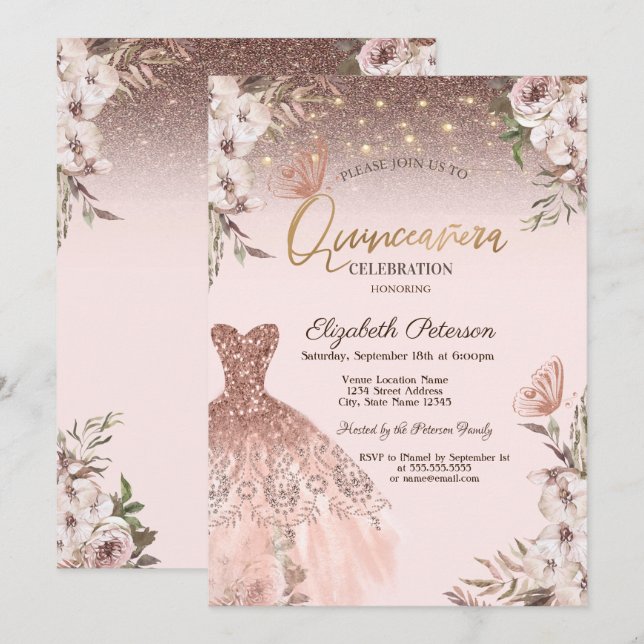 Pink Flowers Glitter Butterflies Dress Quinceañera Invitation (Front/Back)