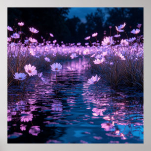 Pink Flowers Glowing Serenely in Water Poster