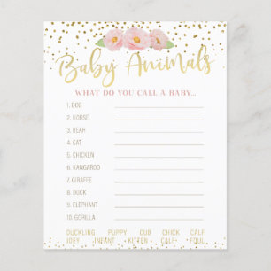 Pink Flowers Gold Accent Baby Animals Shower Game