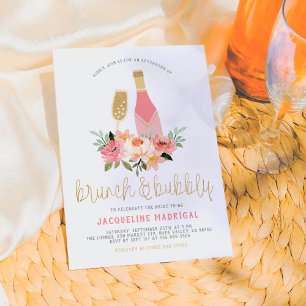 Pink Flowers & Gold Brunch & Bubbly Bridal Shower Invitation