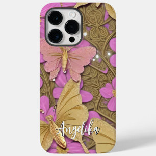 Pink Flowers, Gold Butterflies, and Your Name Case-Mate iPhone 14 Pro Max Case