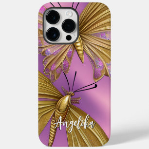 Pink Flowers, Gold Butterflies Personalised Name Case-Mate iPhone 14 Pro Max Case