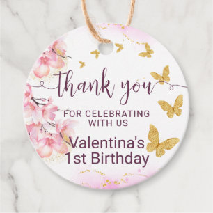 Pink Flowers Gold Butterflies Script Thank You Favour Tags