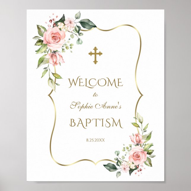 Pink Flowers Gold Frame Baptism Welcome Sign (Front)