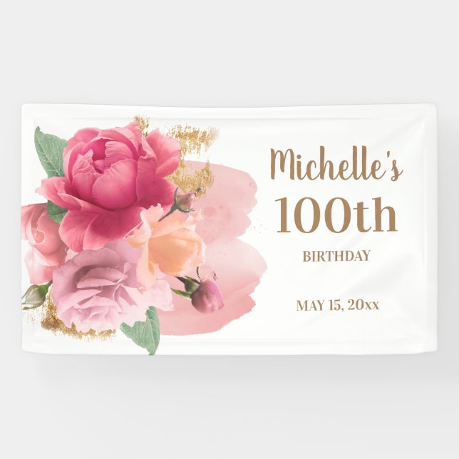 Pink Flowers Gold Glitter 100th Birthday Party  Banner (Horizontal)