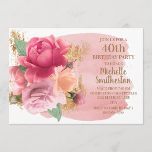 Pink Flowers Gold Glitter 40th Birthday Party Invitation