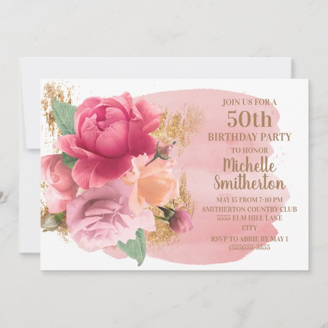 Pink Flowers Gold Glitter 50th Birthday Party Invitation (Front)