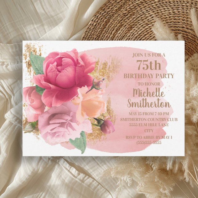 Pink Flowers Gold Glitter 75th Birthday Party Invitation (Elegant pink roses and gold glitter 75th birthday party invitation)