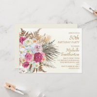 Pink Flowers Gold Glitter Cream 50th Birthday