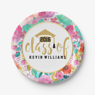 Pink Flowers & Gold Glitter Text Class of 2016 Paper Plate