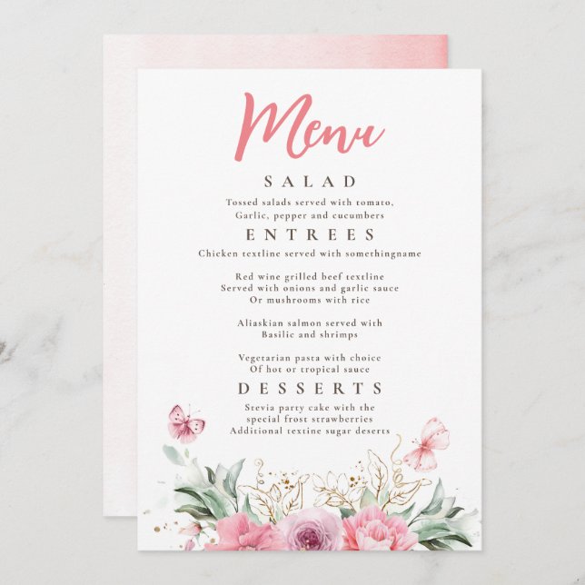 Pink Flowers Gold Greenery Butterflies Party Menu Invitation (Front/Back)