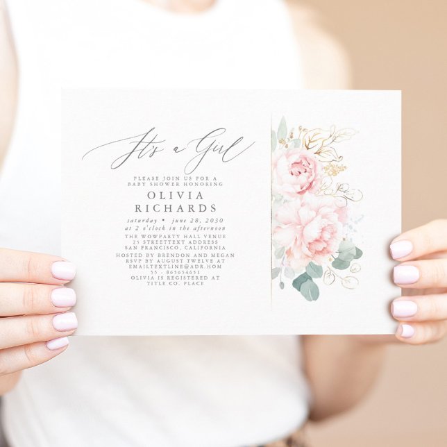 Pink Flowers Gold Leaves Elegant Baby Shower Invitation (Creator Uploaded)
