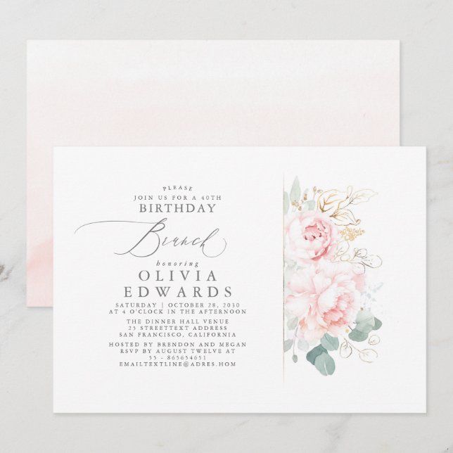 Pink Flowers Gold Leaves Elegant Birthday Brunch Invitation (Front/Back)