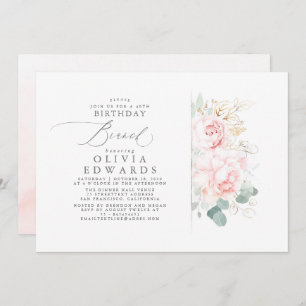 Pink Flowers Gold Leaves Elegant Birthday Brunch Invitation