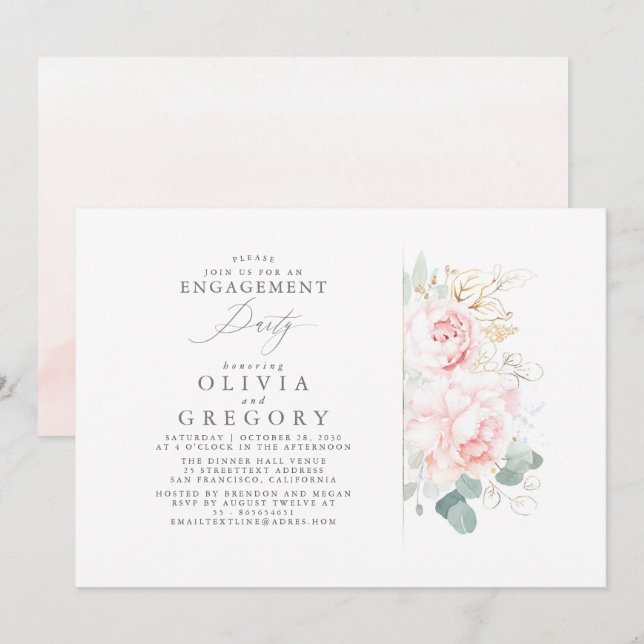 Pink Flowers Gold Leaves Elegant Engagement Party Invitation (Front/Back)