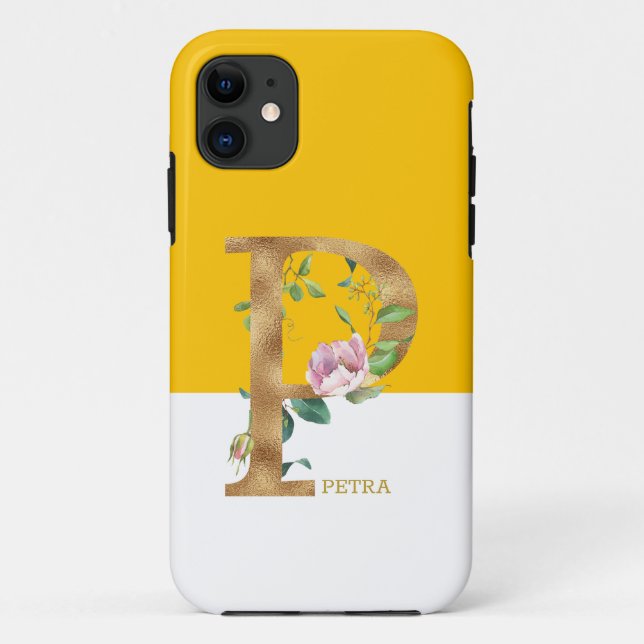 Pink flowers gold monogram letter P Case-Mate iPhone Case (Back)