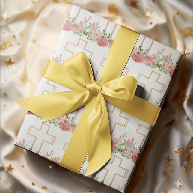 Pink Flowers Gold Religious Cross Easter Wrapping Paper (Creator Uploaded)