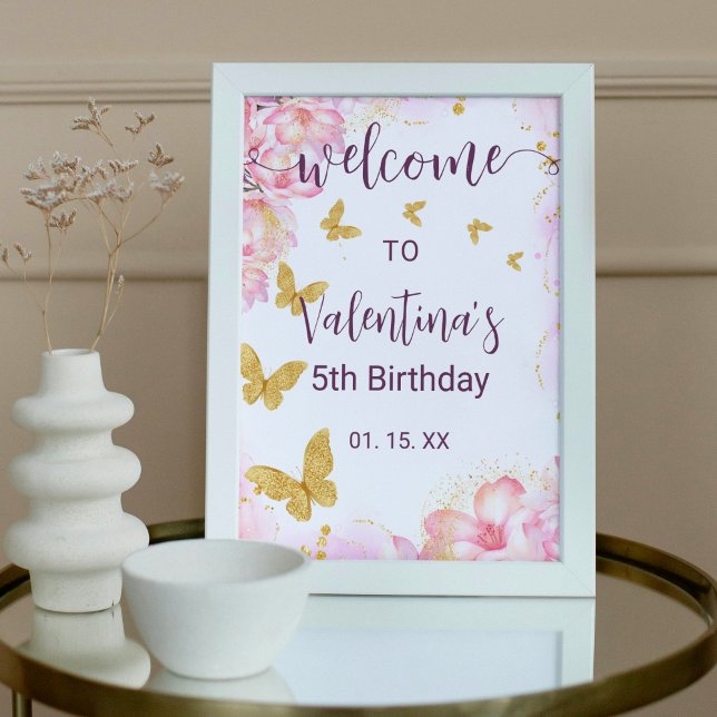 Pink Flowers Golden Butterflies Party Welcome Poster (Creator Uploaded)
