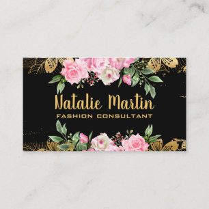 Pink Flowers   Golden Floral Pattern Business Card
