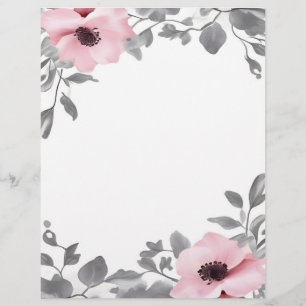 Pink Flowers Gray Accents Stationery Paper Custom Letterhead