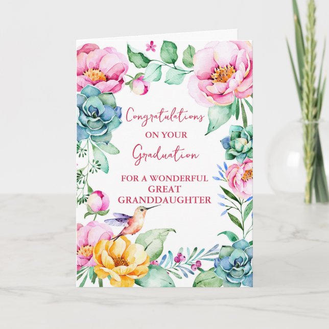 Pink Flowers Great Granddaughter Graduation Card (Front)