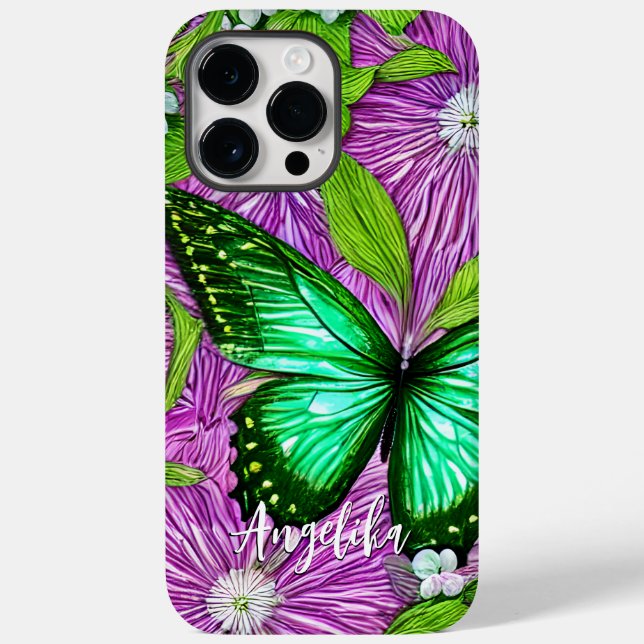 Pink Flowers Green Butterfly | Personalised Name Case-Mate iPhone Case (Back)