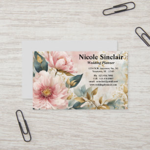 Pink Flowers Green & Gold Accents Weddings Events Business Card