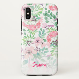 Pink Flowers Green Leafs Pattern Monogram Case-Mate iPhone Case