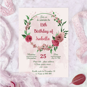 pink flowers green leaves botanical birthday invitation