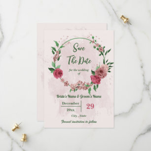 pink flowers green leaves botanical save the date