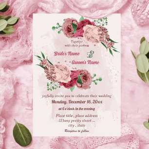 pink flowers green leaves botanical wedding invitation