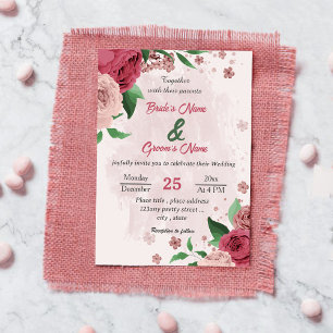 pink flowers green leaves botanical wedding invitation