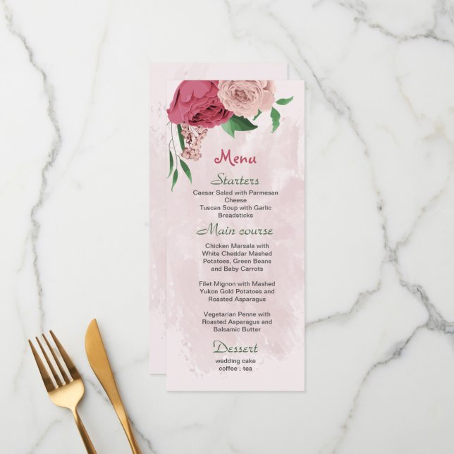 pink flowers green leaves botanical wedding menu (Front/Back In Situ)