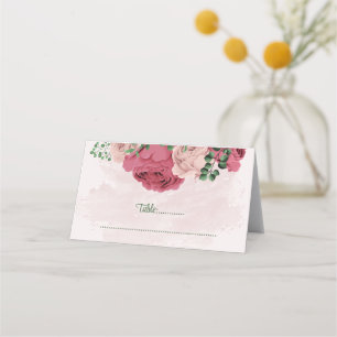 pink flowers green leaves botanical wedding place card