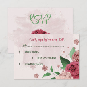 pink flowers green leaves botanical wedding RSVP card