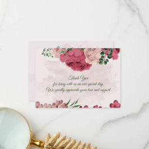 pink flowers green leaves botanical wedding thank you card
