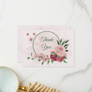 pink flowers green leaves botanical wedding thank you card