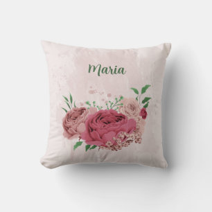 pink flowers green leaves cushion