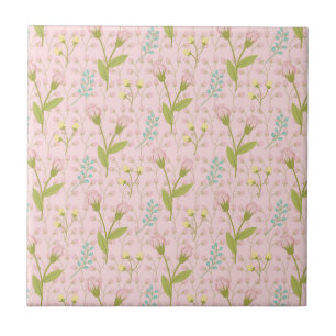 Pink Flowers Green Leaves Floral Garden Spring Tile
