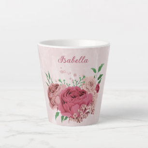pink flowers green leaves latte mug