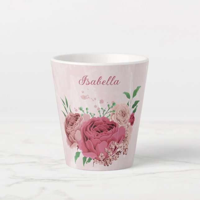 pink flowers green leaves  latte mug (Front)