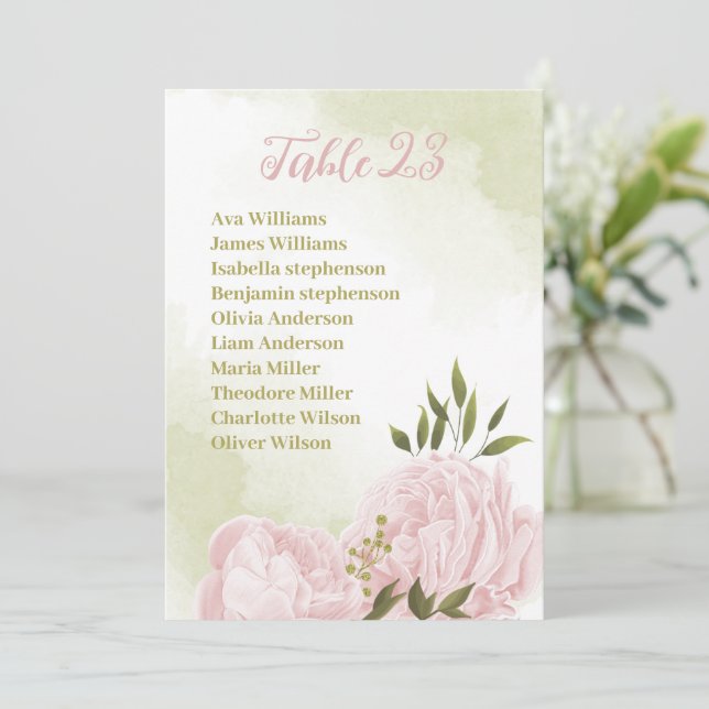 pink flowers green leaves seating chart card (Standing Front)