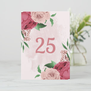 pink flowers green leaves table number card