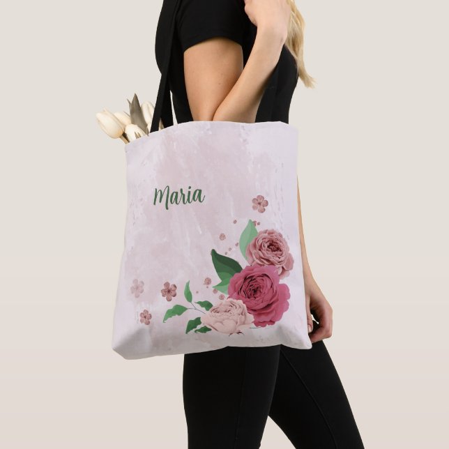 pink flowers green leaves  tote bag (Close Up)