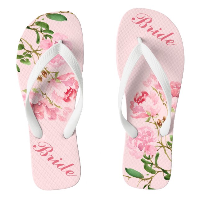Pink Flowers Green Leaves Watercolor Bride Jandals (Footbed)