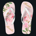 Pink Flowers Green Leaves Watercolor Golden Bride Jandals<br><div class="desc">Pink Flowers Green Leaves Watercolor Golden Script Bride Flip Flops ♥ Customise it with your wording by using the template fields. ♥ If you want to change the font style, colour or text placement, simply click the "Customise Further" button. ♥ If you need assistance or have any special request, please...</div>